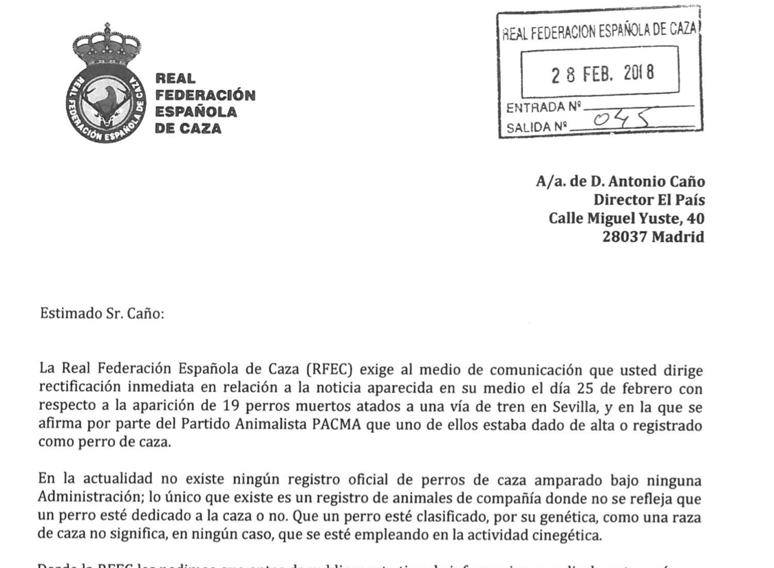 La RFEC exige a medios de comunicación que rectifiquen la noticia que acusa a los cazadores de atar a los perros a las vías del tren en Sevilla